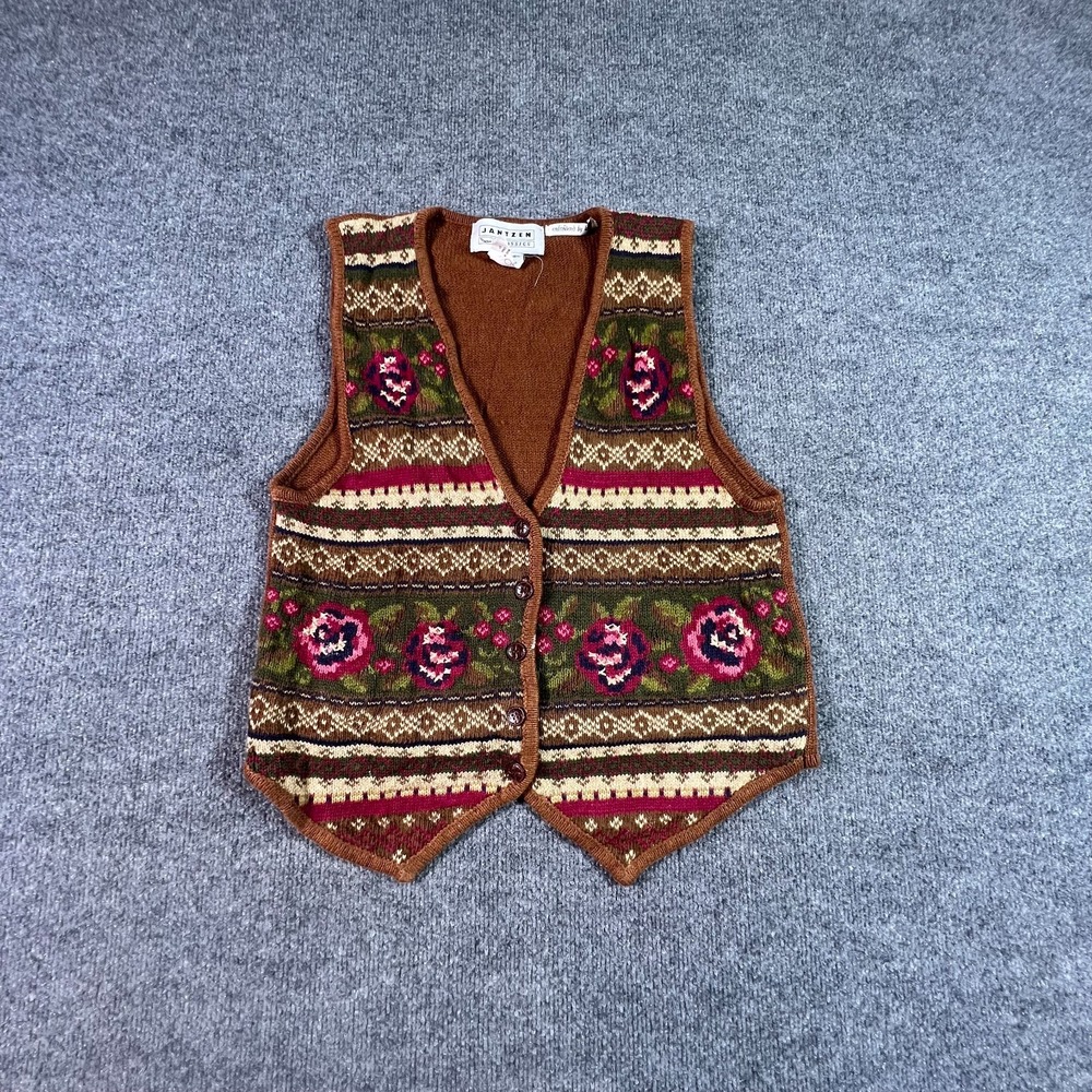 Jantzen Vest Sweater Womens S Brown Ramie Floral Geometric Holiday Academia